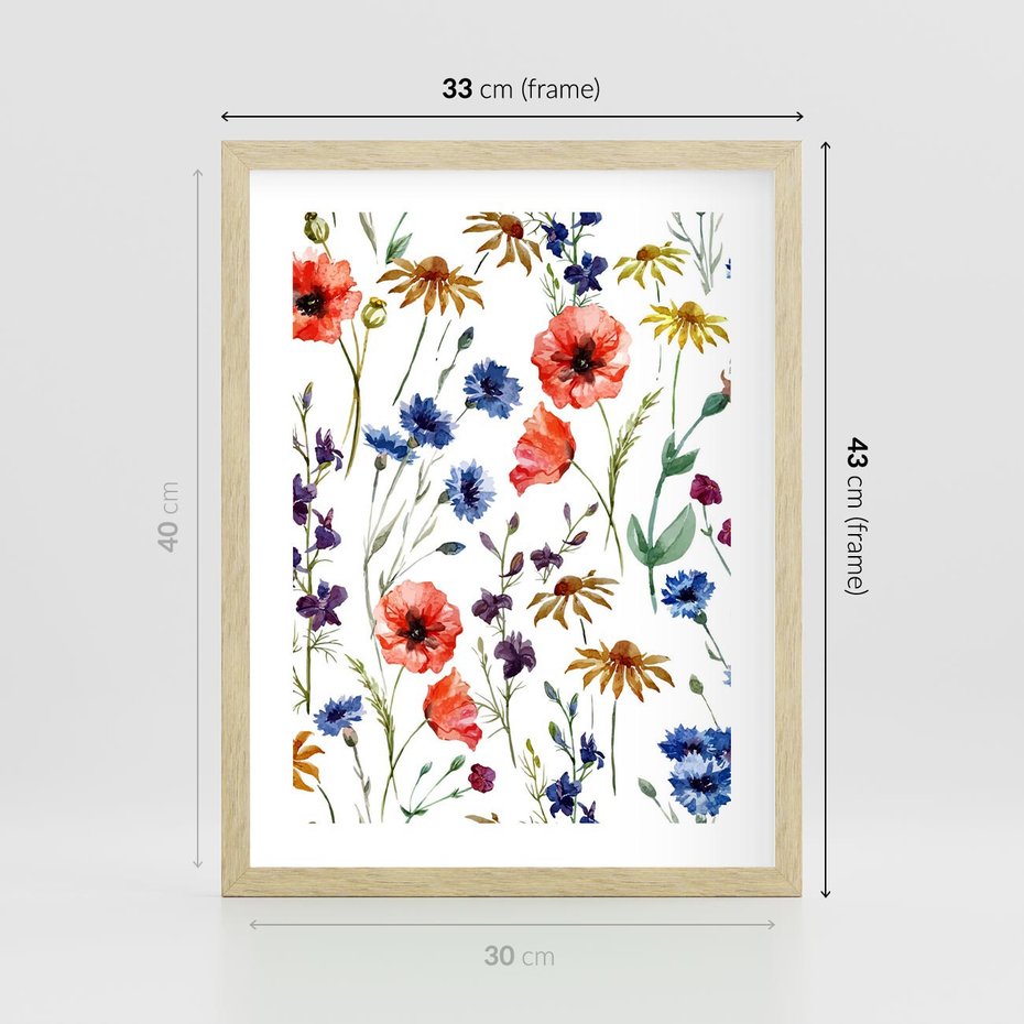 Plakat w ramie 30x40 - Kwiatowe radości na łące - kwiaty, łączka - rama drewno