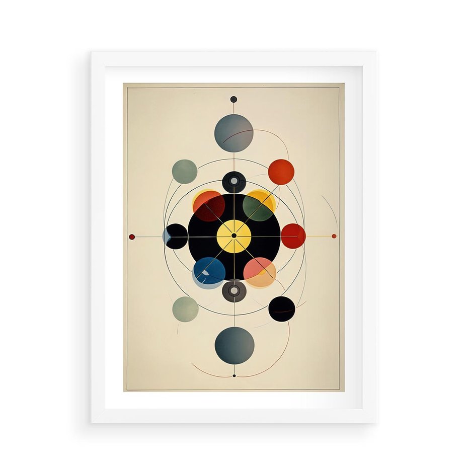 Plakat w ramie 50x70 - Bezgraniczny Taniec Światła - abstrakcyjna geometryczna kompozycja, koła linie - rama biała