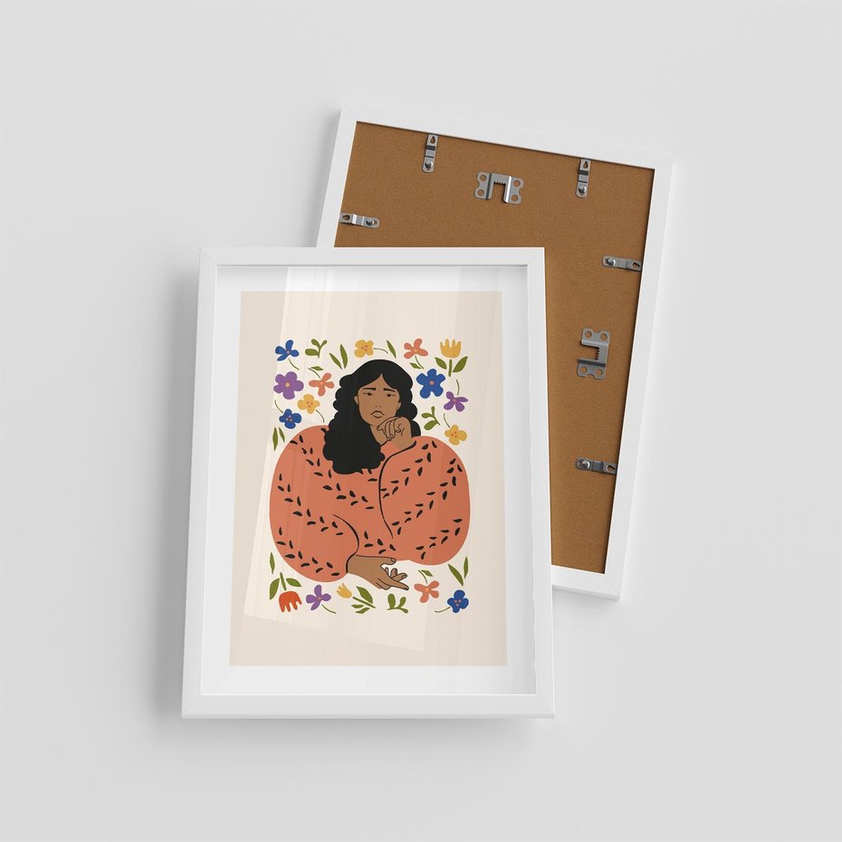 Plakat w ramie 30x40 - Rozplątane Emocje - nowoczesny plakat, kobieta otoczona kwiatami - rama biała