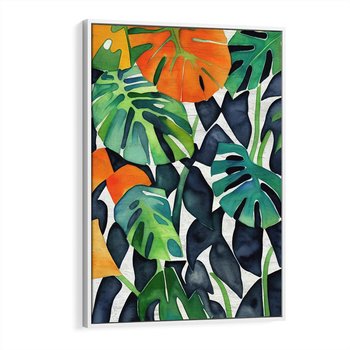 Obraz w ramie 80x120 - Tropikalne Pragnienia - akwarela, liście tropikalne - rama biała