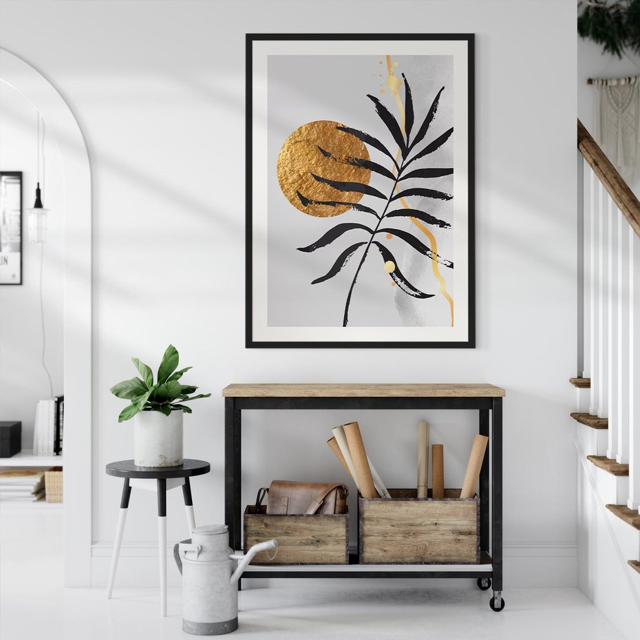 Plakat bez ramy 21x30 - Grafika z Czarnym Liściem Palmy - czarny liść palmy, złóte kołó