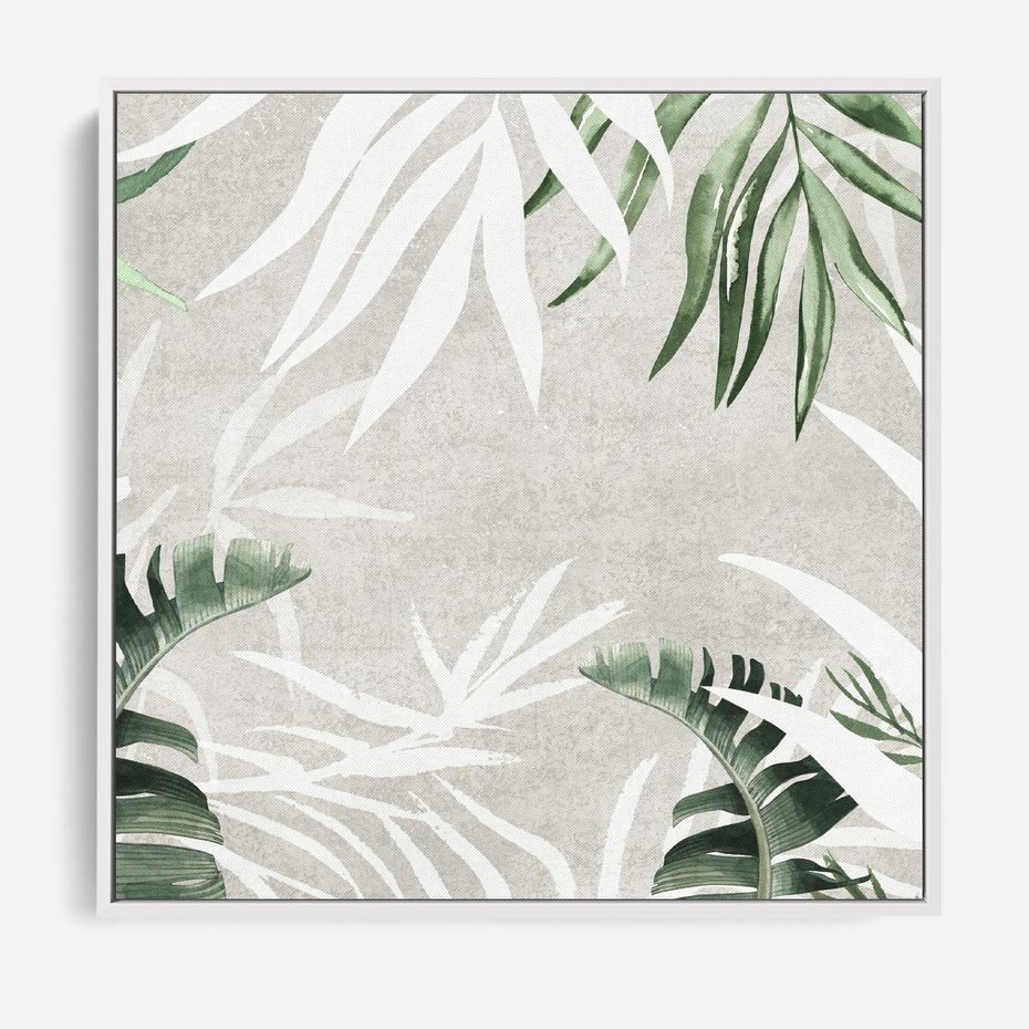 Obraz w ramie 50x50 - Zielony Raj - monstera, palmy - rama biała