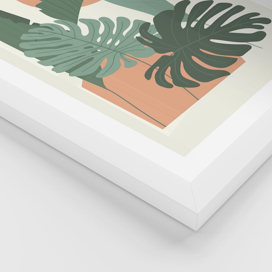 Plakat w ramie 40x50 - Abstrakcyjne Tropiki - liście, rośliny tropikalne w graficznym stylu - rama biała