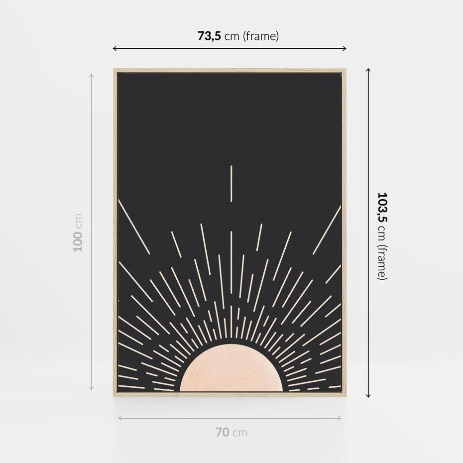 Obraz w ramie 70x100 - Słoneczny Portret Duszy - boho czarne słońce, nowoczesna grafika - rama drewno