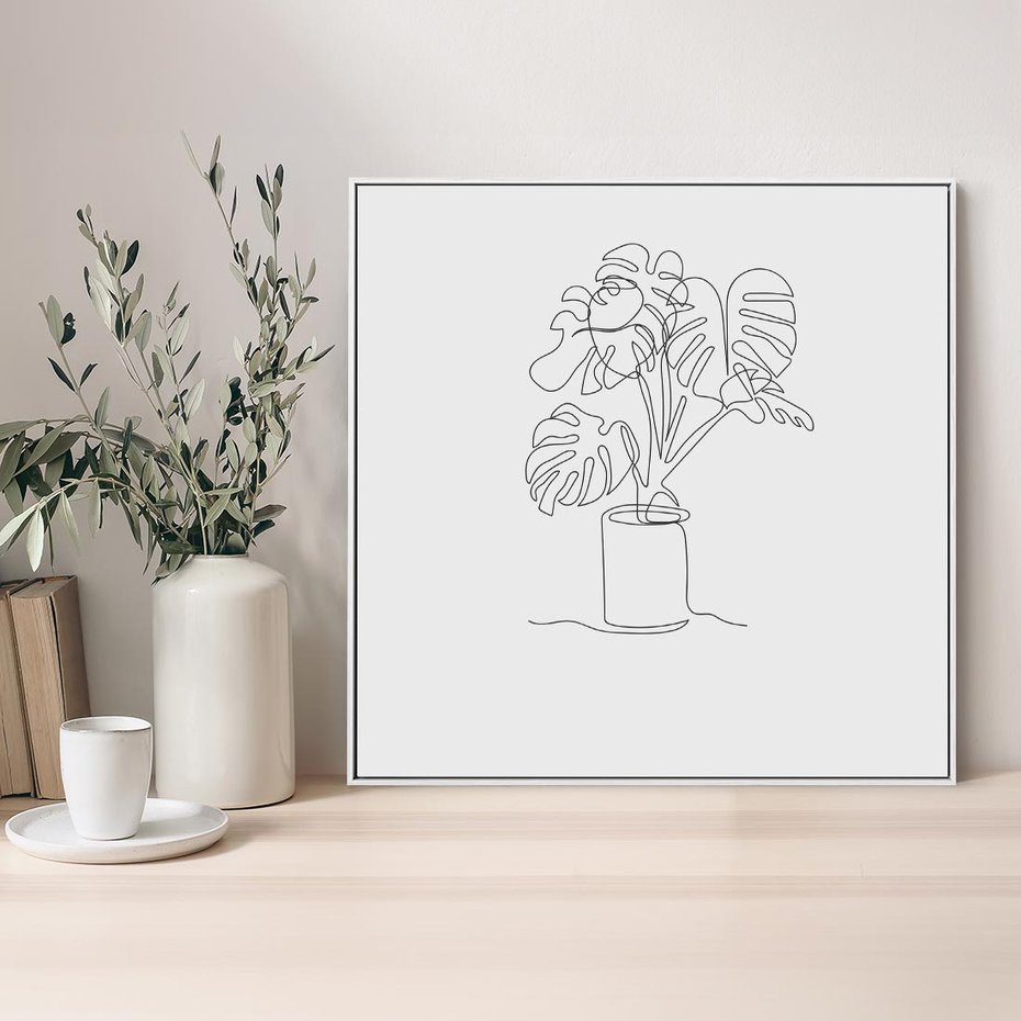 Obraz w ramie 80x80 - Tajemnicza Harmonia - sztuka one line, monstera - rama biała
