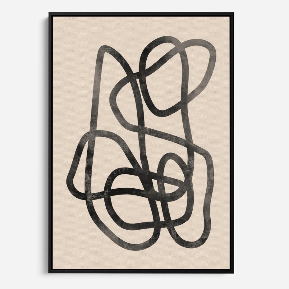 Obraz w ramie 70x100 - Przenikanie Wirtualnych Wymiarów - zaplątane minimalistyczne linie, na bezowym tle - rama czarna