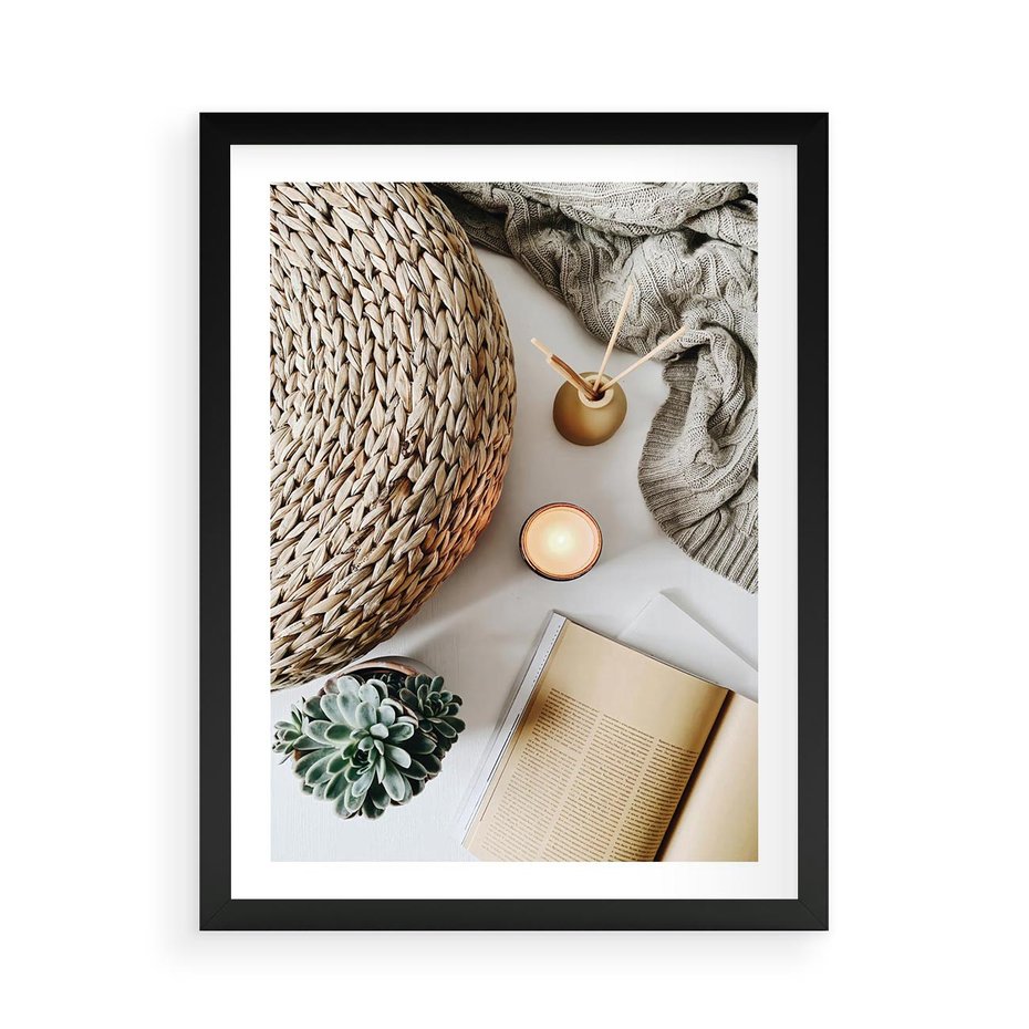 Plakat w ramie 50x70 - Przytulna Kompozycja Lifestyle - kompozycja lifestyle, wiklina - rama czarna