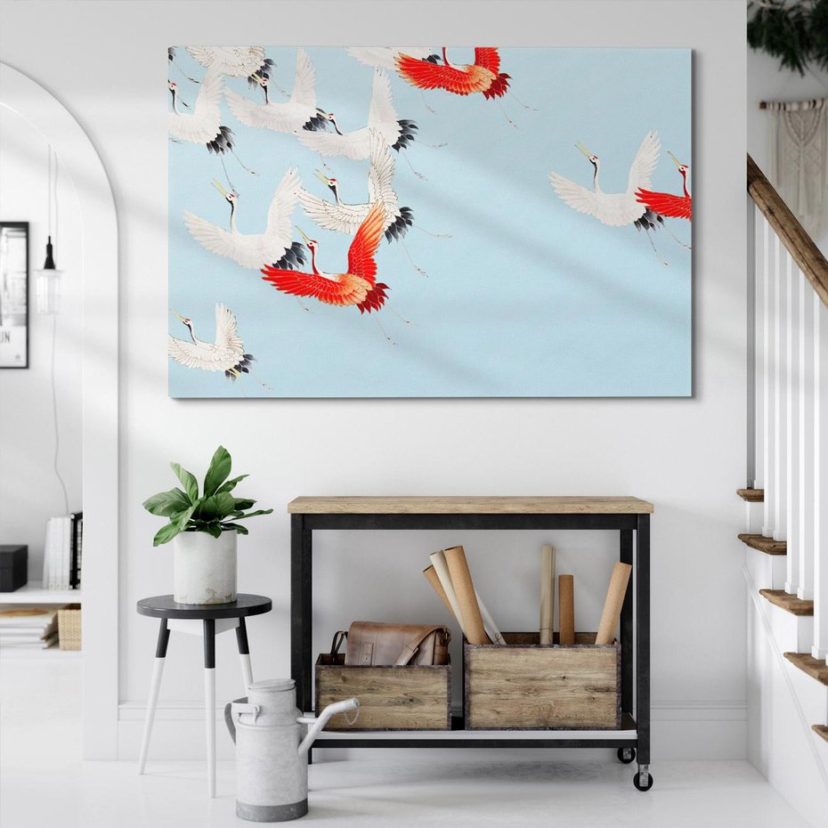 Obraz na płótnie 120x80 - Eteryczne Żurawie - lecące żurawie, orientalna sztuka