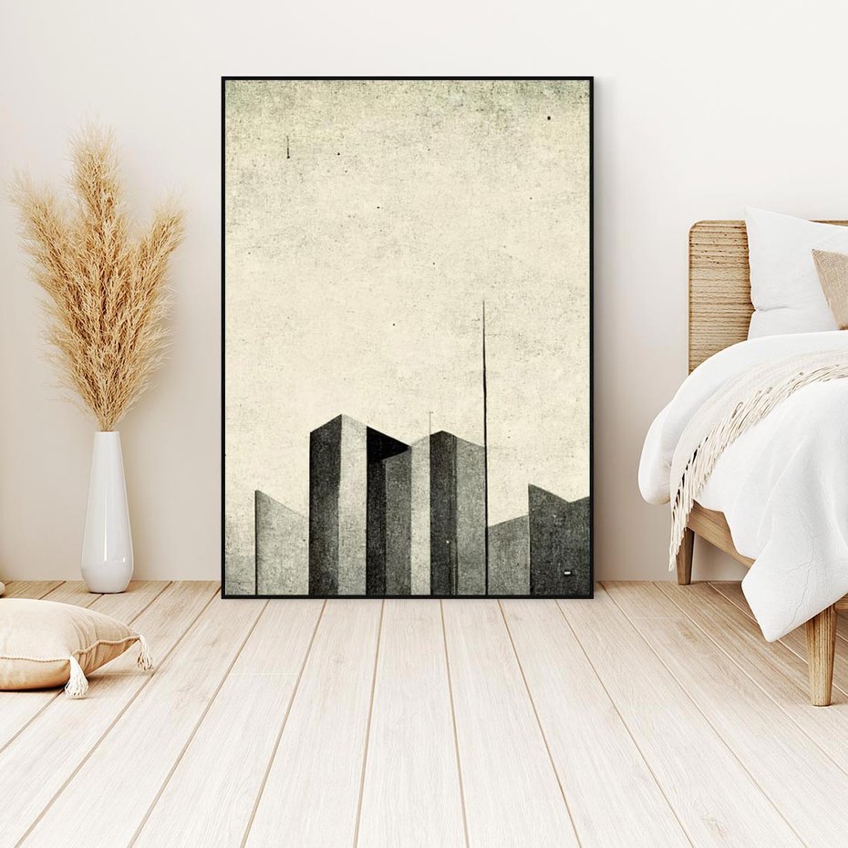 Obraz w ramie 70x100 - Mroczne Wieżowce - postarzana grafika, perspektywa budynków wieżowców - rama czarna