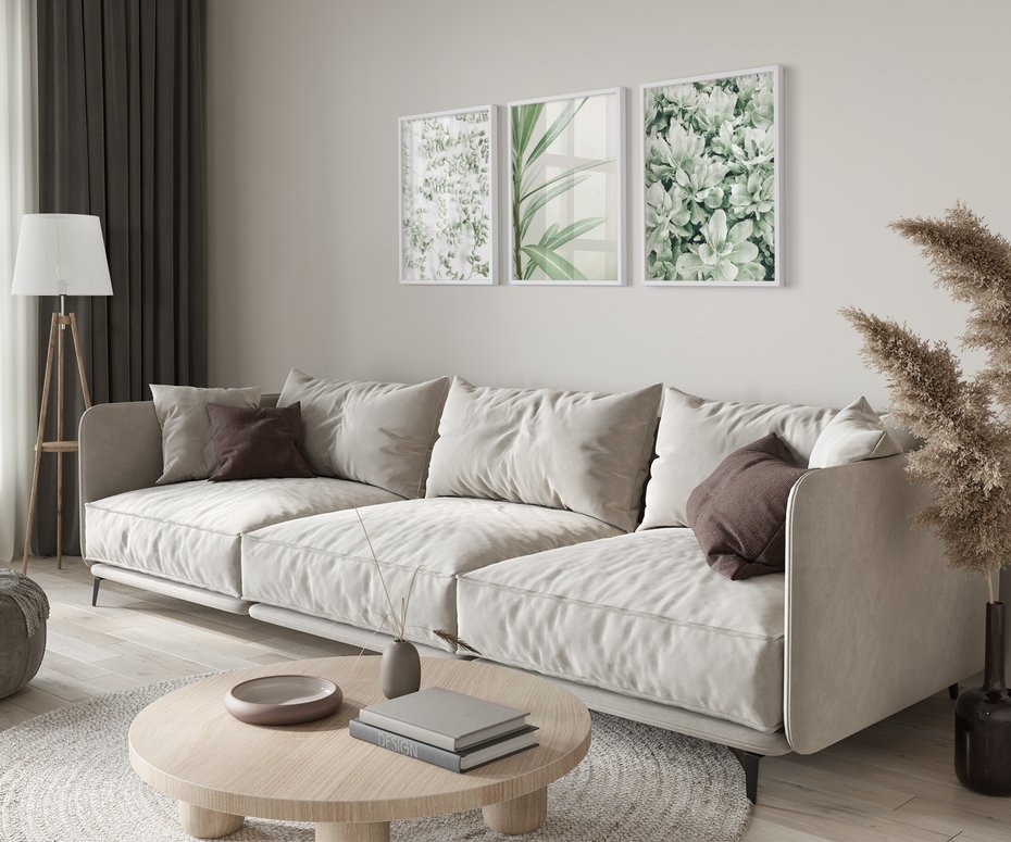 Zestaw obrazy w ramie 30x40 galeria - Liście, zieleń, minimalizm - rama biała