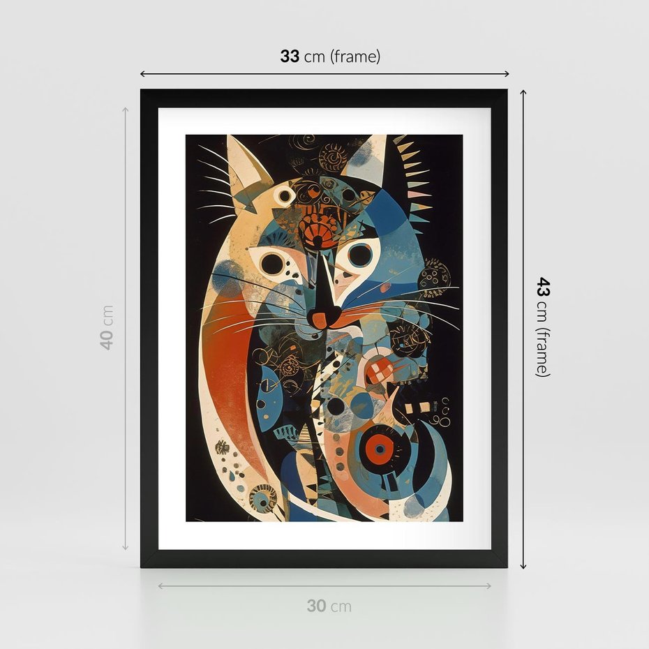 Plakat w ramie 30x40 - Księga Surrealnych Wymiarów - abstrakcyjny obraz olejny, kot - rama czarna