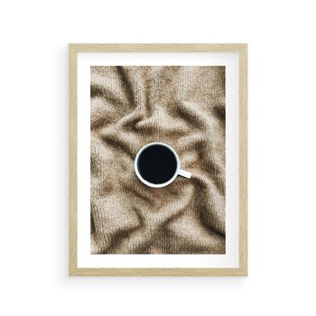 Plakat w ramie 40x50 - Filiżanka Kawy na Brązowym Kocu - kawa, czarna kawa - rama drewno