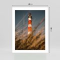 Plakat bez ramy 40x50 - Magia nadmorskiego światła - latarnia morska, ujęcie z za trawy