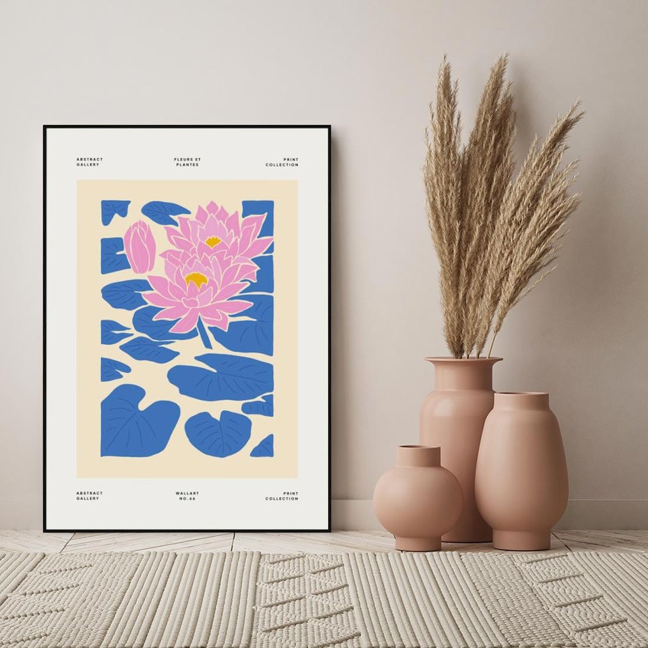 Obraz w ramie 50x70 - Rozświetlone Odbicia - lilie wodne, pastelowe kolory - rama czarna