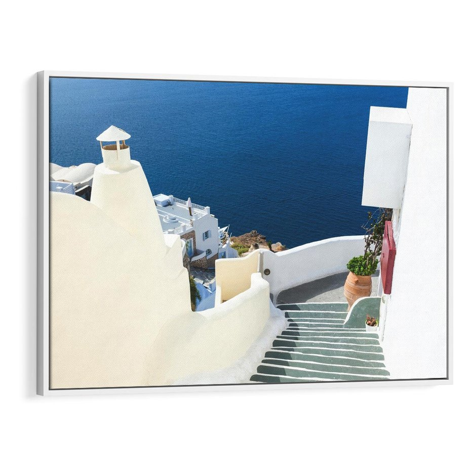 Obraz w ramie 70x50 - Malowniczy urok wyspy - Santorini, schodki - rama biała