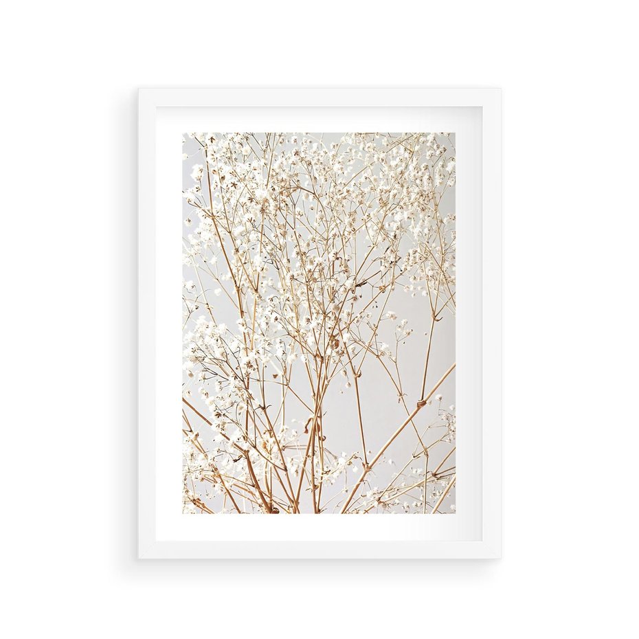 Plakat w ramie 30x40 - Minimalistyczna Delikatność - białe kwiaty, gipsówka - rama biała