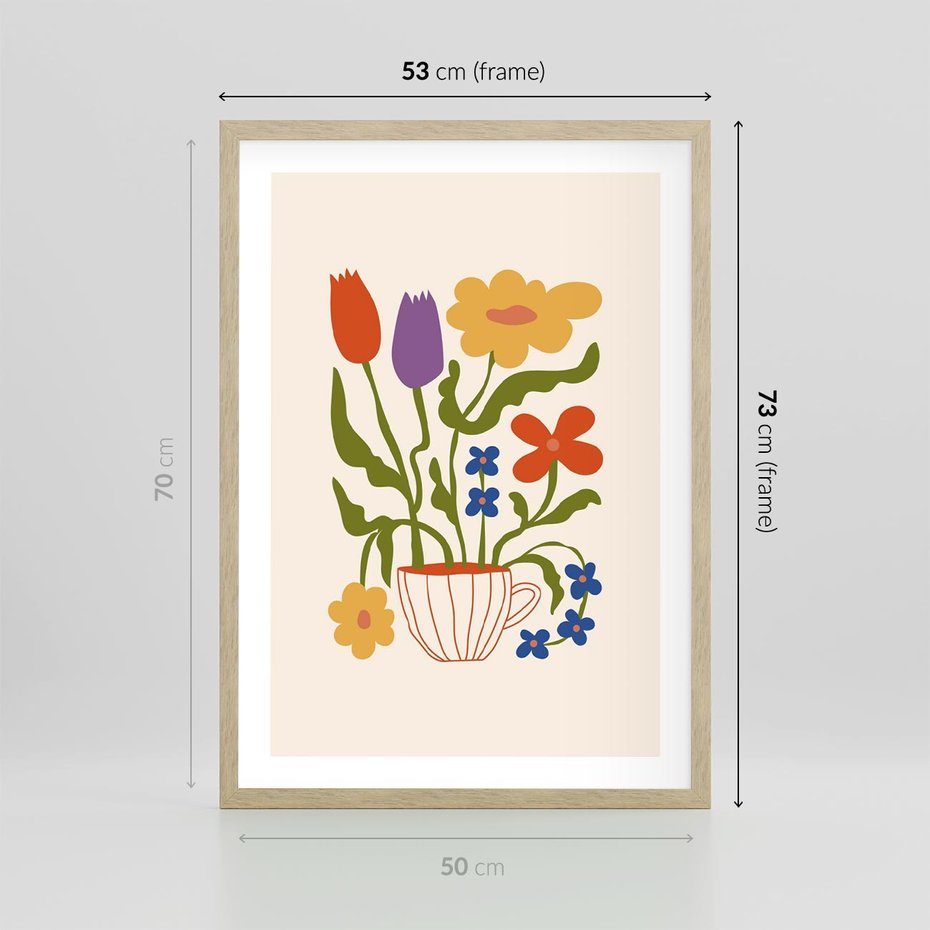 Plakat w ramie 50x70 - Kolorowe Granice - kwiaty w filizance, abstrakcja - rama drewno