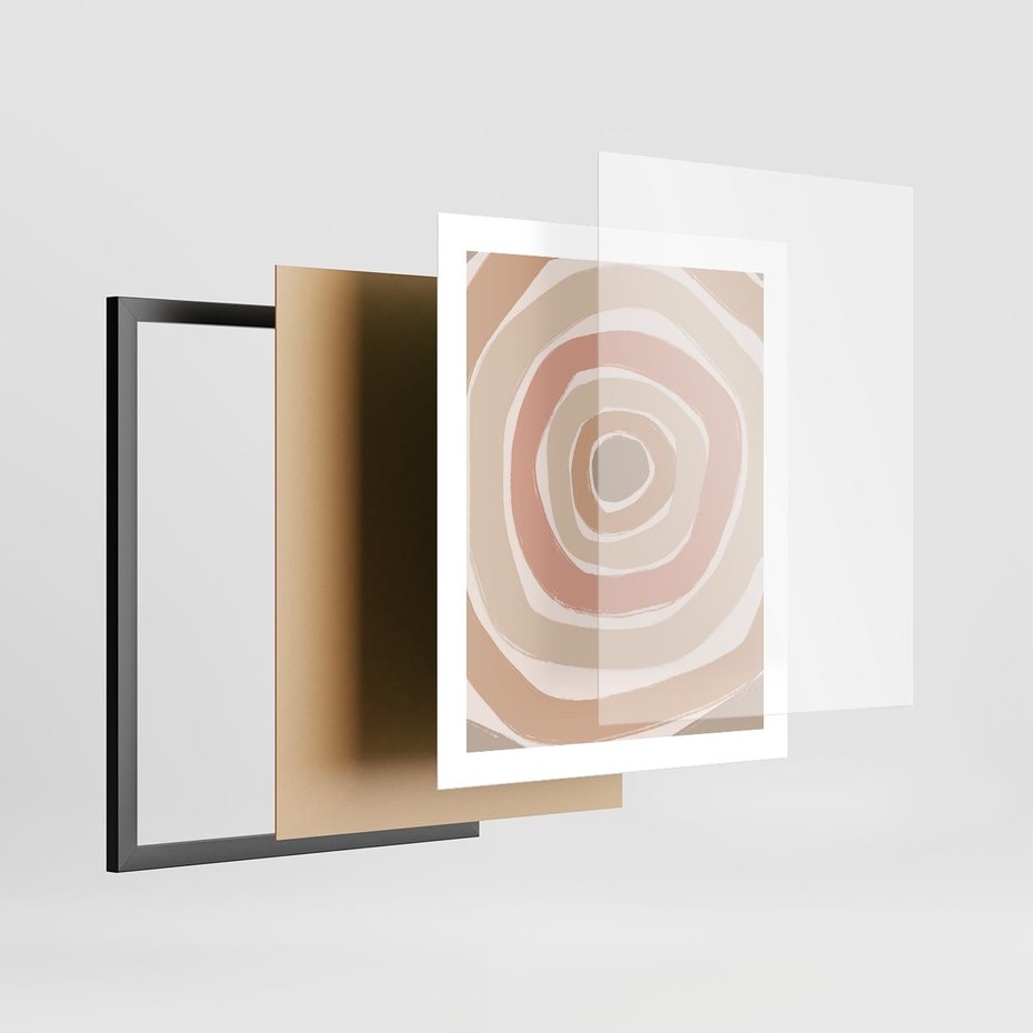 Plakat w ramie 40x50 - Roztopione Granice - abstakcyjne koła, delikatne odcienie beżu - rama czarna