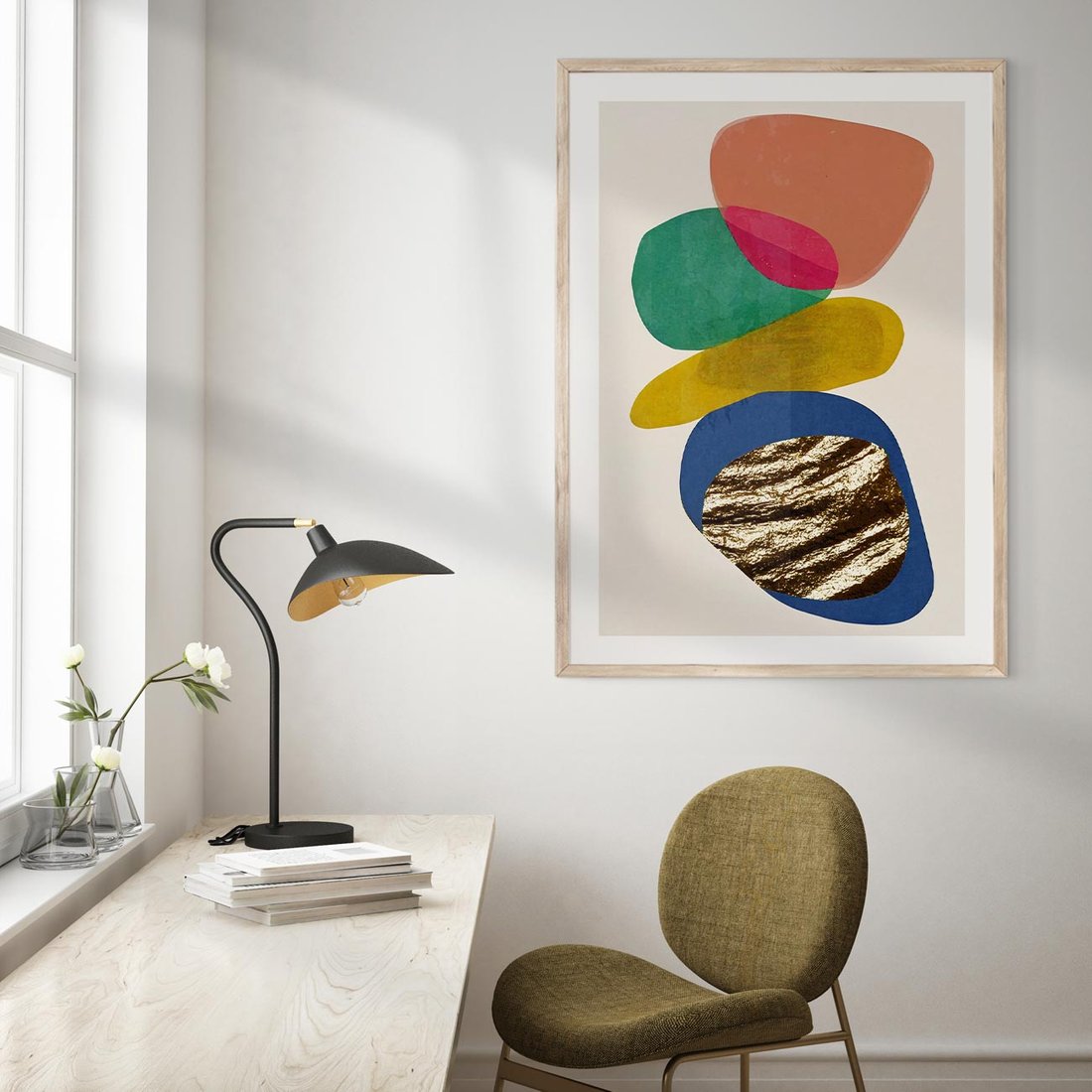 Plakat w ramie 40x50 - Kolorowe Przenikanie Kształtów - abstrakcyjne formy, obraz olejny - rama drewno