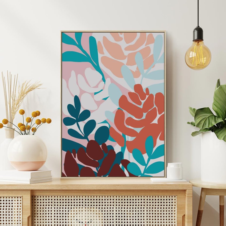 Obraz w ramie 80x120 - Impresje Kształtów - abstrakcyjna kompozycja kwiatowych form, kolor zgaszone - rama drewno