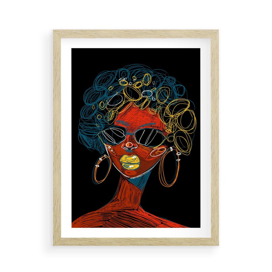 Plakat w ramie 50x70 - Kolorowe Wibracje Rzeczywistości - abstrakcyjny portret kobiety, twarz - rama drewno