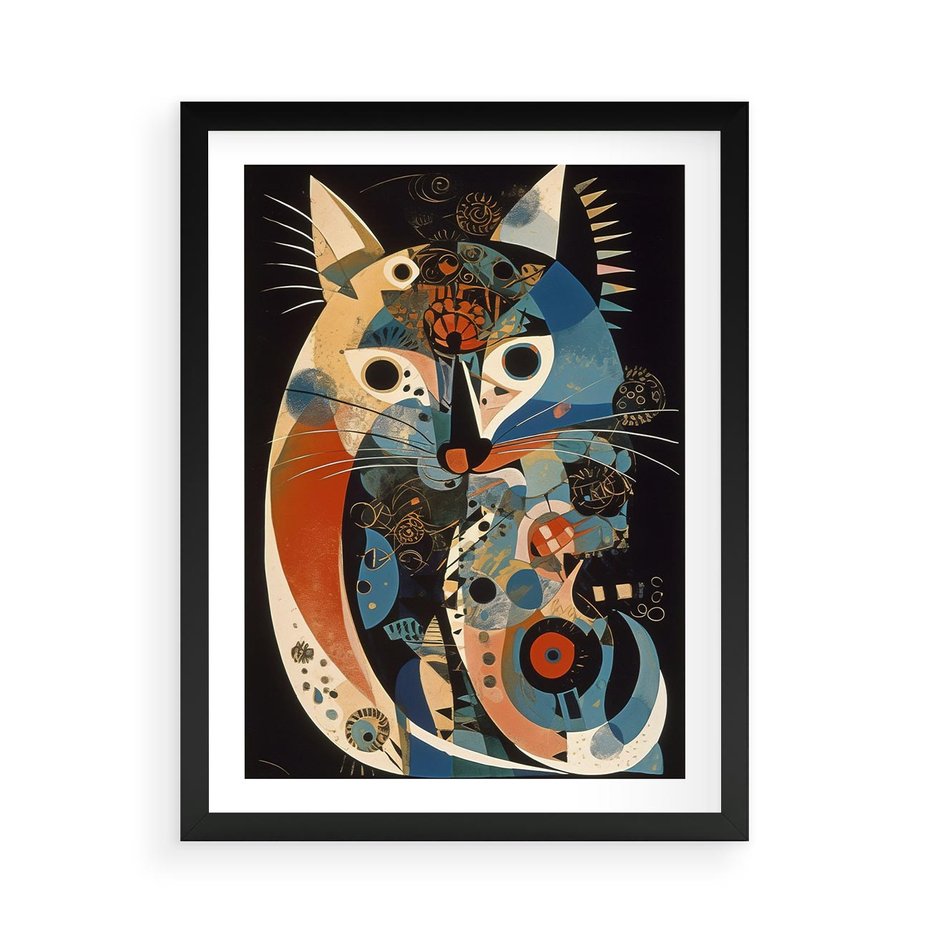 Plakat w ramie 50x70 - Księga Surrealnych Wymiarów - abstrakcyjny obraz olejny, kot - rama czarna