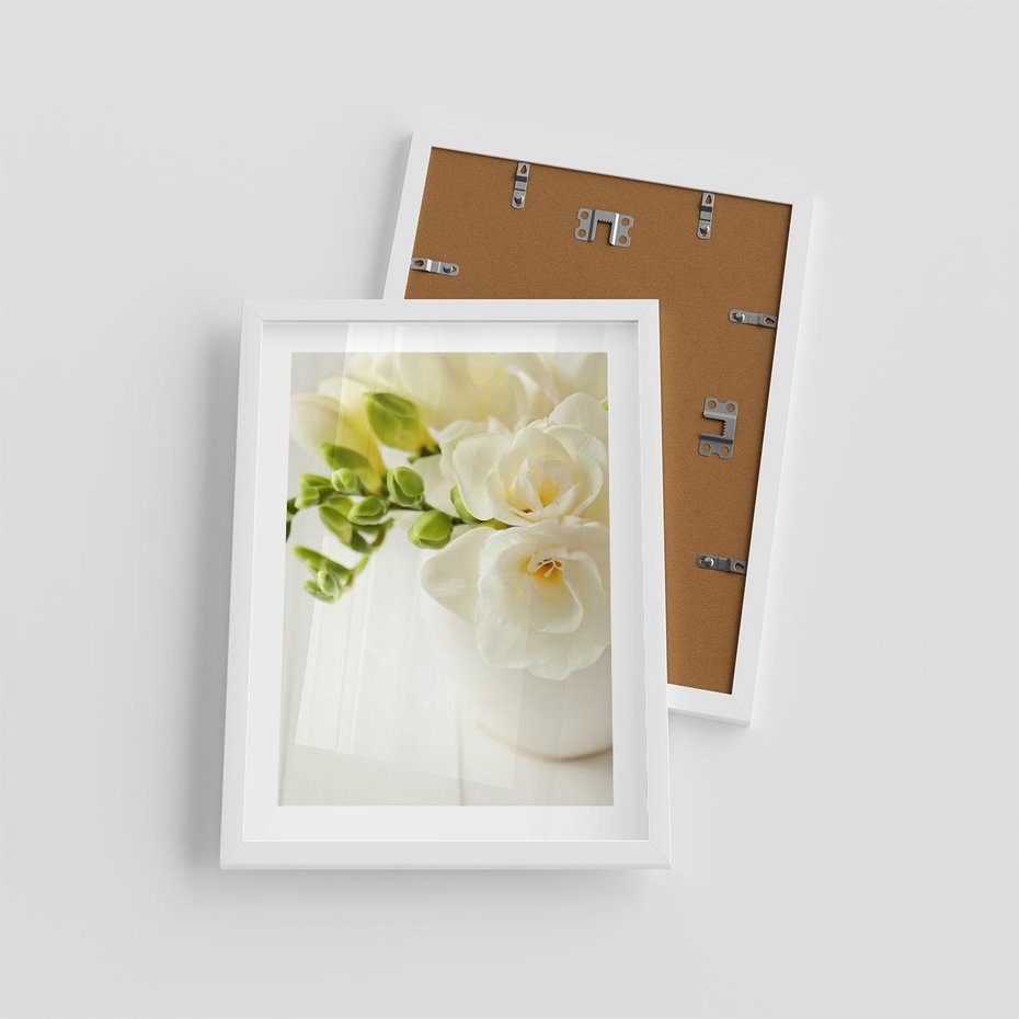 Plakat w ramie 30x40 - Subtelność białych frezji - frezja, białe - rama biała