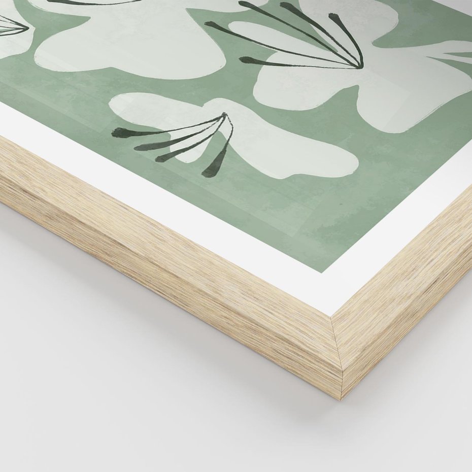 Plakat w ramie 30x40 - Rozkwitające Ukojenie - zgaszona zieleń, kwiaty - rama drewno