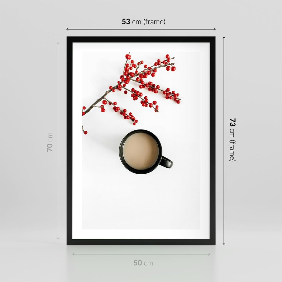 Plakat w ramie 50x70 - Filiżanka Kawy z Gałązką Jarzębiny - kawa, gałązka jarzębiny - rama czarna
