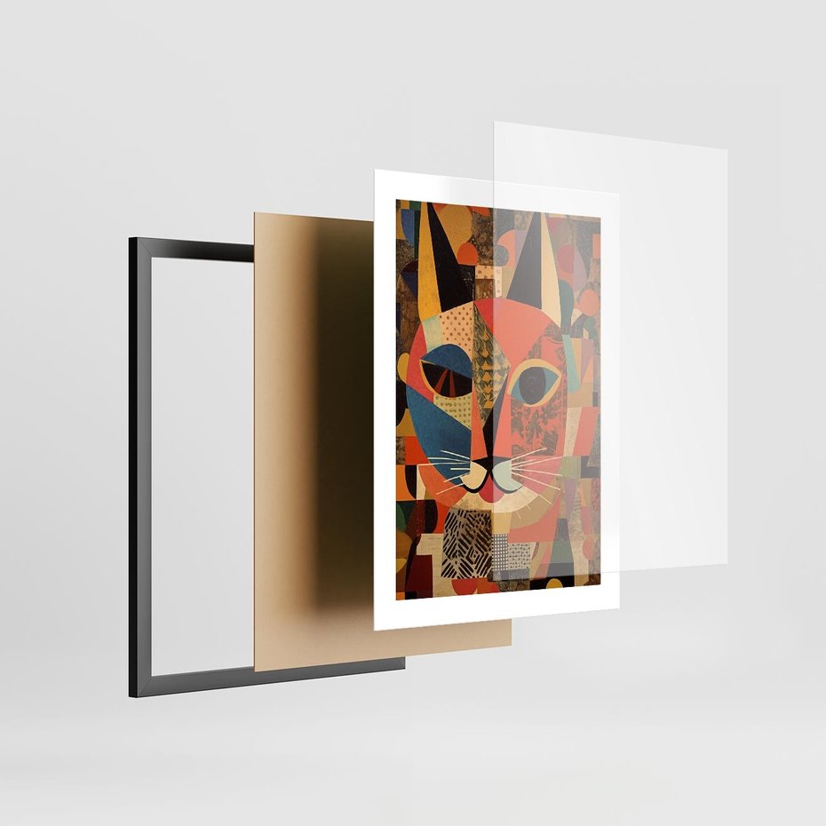 Plakat w ramie 30x40 - Impresje Nieznanych Odniesień - abstrakcyjny obraz olejny, kot - rama czarna