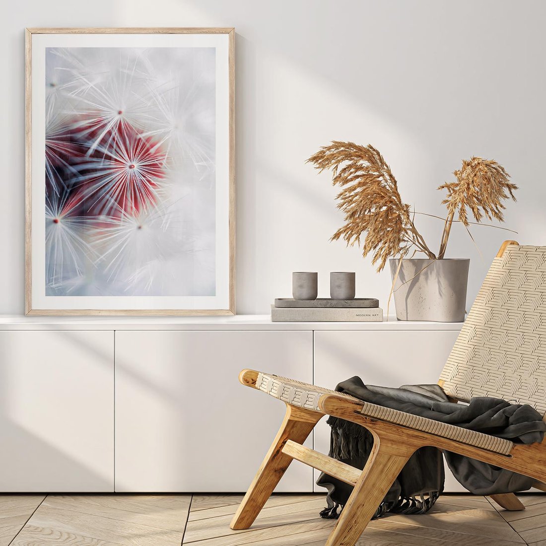 Plakat w ramie 30x40 - Minimalistyczna Delikatność - zbliżenie, dmuchawce - rama drewno