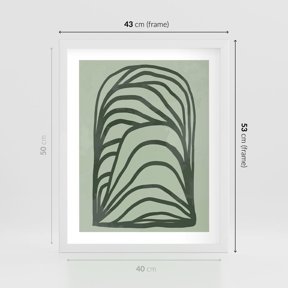 Plakat w ramie 40x50 - Zielonkawy Uścisk Natury - abstrakcyjny zielony motyw, skandynawski design - rama biała