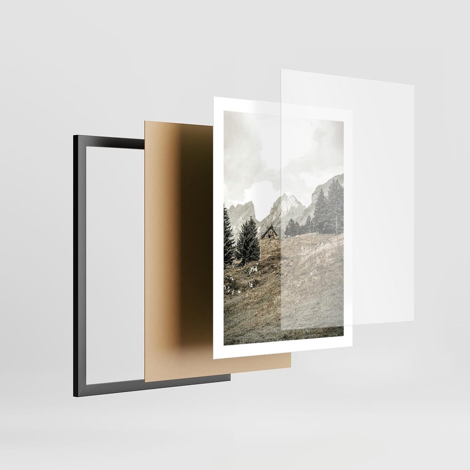 Plakat w ramie 50x70 - Krajobraz Sepii: Domek w Górach - domek w górach, góry - rama czarna