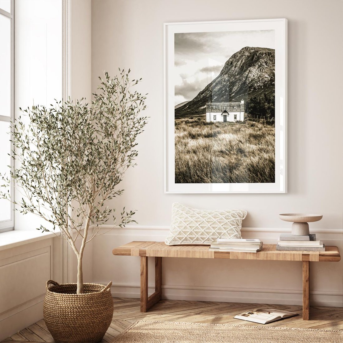 Plakat bez ramy 21x30 - Biały Domek w Sepii: Wiejski Urok - domek w górach, kolory sepii