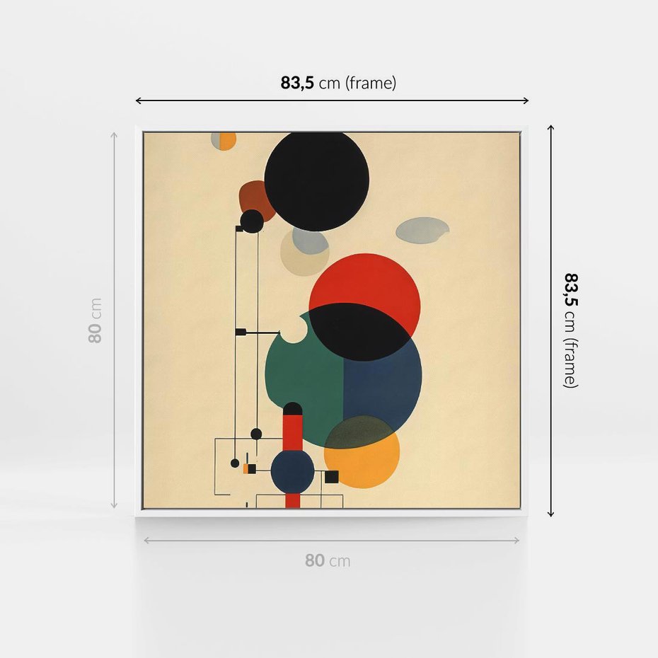 Obraz w ramie 80x80 - Migocące Impresje Odniesień - abstrakcyjna geometryczna kompozycja, koła linie - rama biała