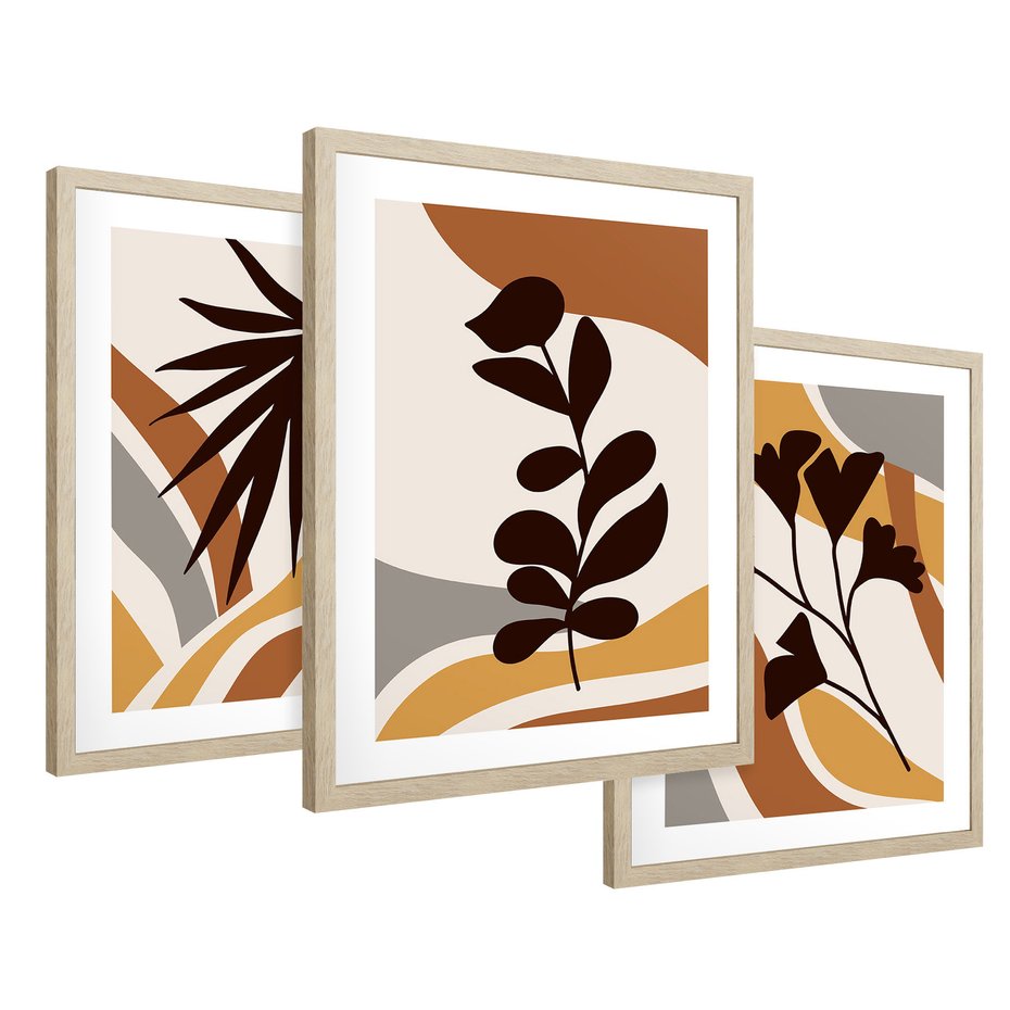 Zestaw obrazy w ramie 50x70 galeria - Liście, kwiaty, boho - rama drewno