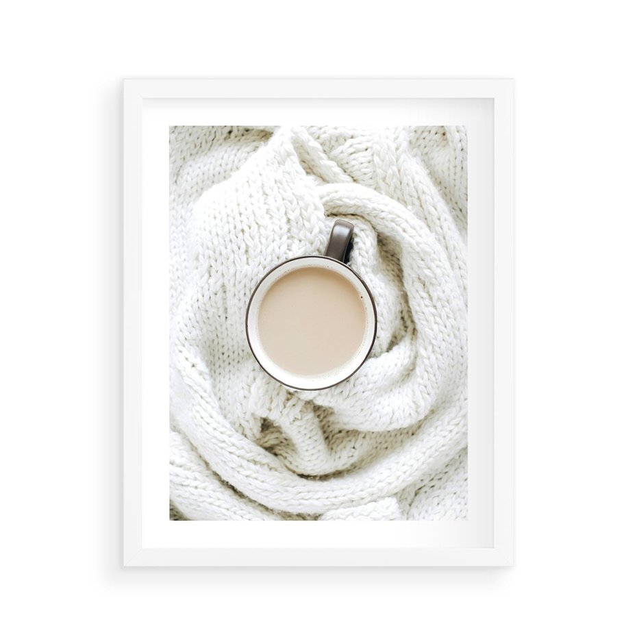 Plakat w ramie 40x50 - Kawa na Wełnianym Kocu - kawa, biały wełniany koc - rama biała