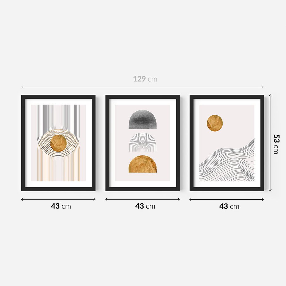 Zestaw obrazy w ramie 40x50 galeria - Minimalizm, japońskie, kształty, złoto - rama czarna