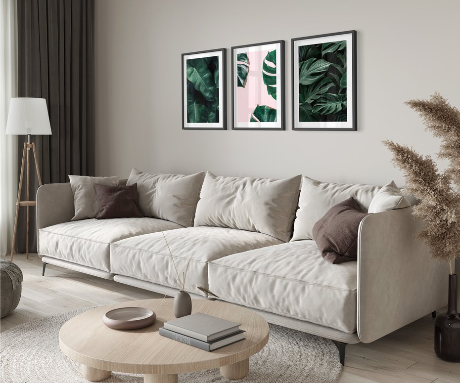 Zestaw obrazy w ramie 40x50 galeria - Monstera, liście, tło, tropikalne - rama czarna