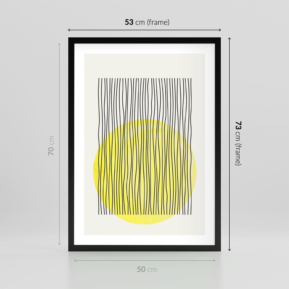 Plakat w ramie 50x70 - Ciepłe Przenikanie - geometria, żółte koło - rama czarna