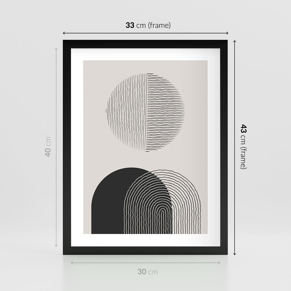 Plakat w ramie 30x40 - Przenikająca Rzeczywistość - abstrakcyjna kompozycja, okręgi i półokręgi - rama czarna