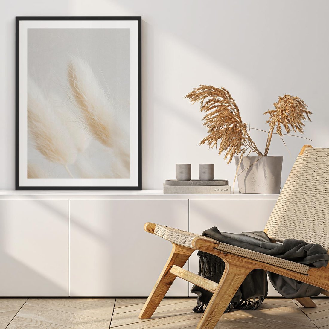 Plakat w ramie 50x70 - Czysty Minimalizm - białe trawy, minimalizm - rama czarna