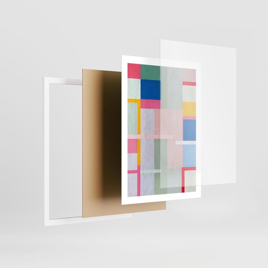 Plakat w ramie 50x70 - Rozbijające Granice Wyobraźni - abstrakcyjne geometryczne kształty, olejny obraz - rama biała