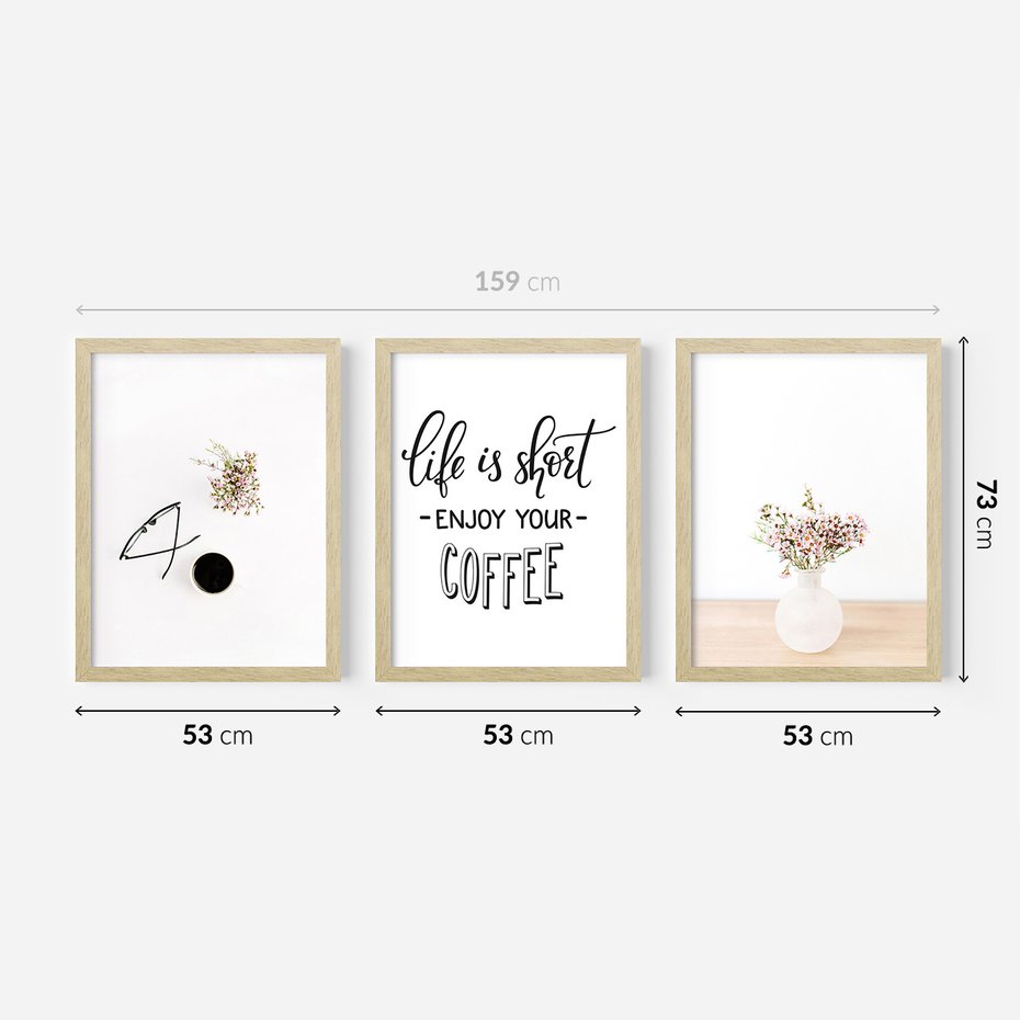 Zestaw obrazy w ramie 50x70 galeria - Kawa, kwiaty, minimalizm - rama drewno