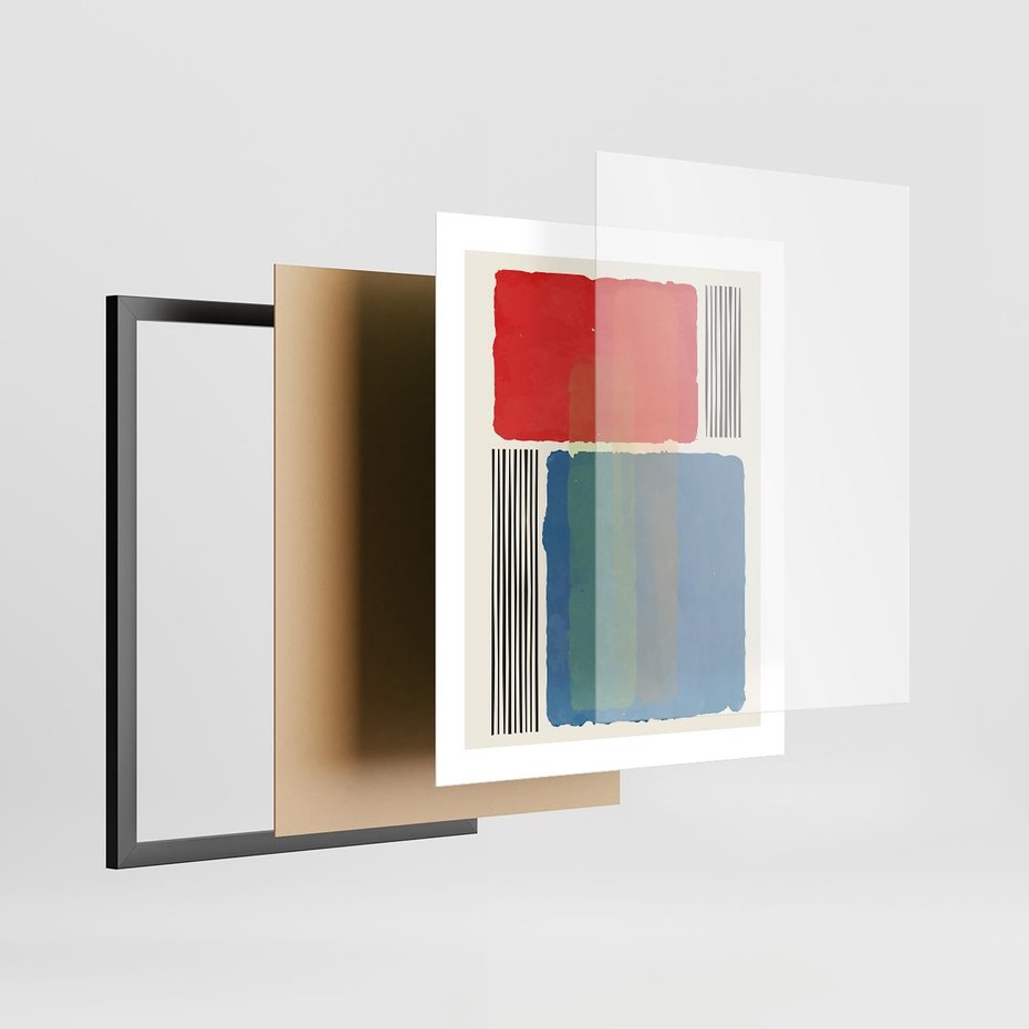 Plakat w ramie 40x50 - Kolorowe Spektrum - kolorowa geometria, prostokąty w intensywnych kształtach i czarne kreski - rama czarna