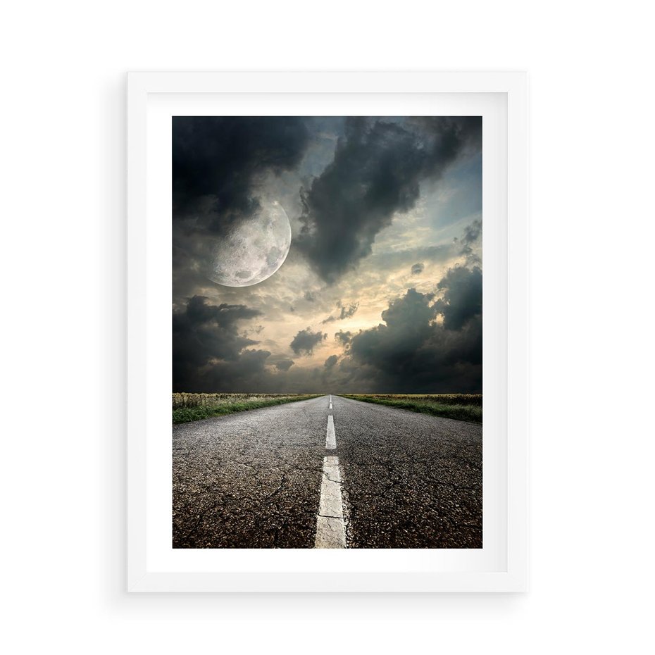 Plakat w ramie 50x70 - magia nocnej drogi - droga, księżyc - rama biała