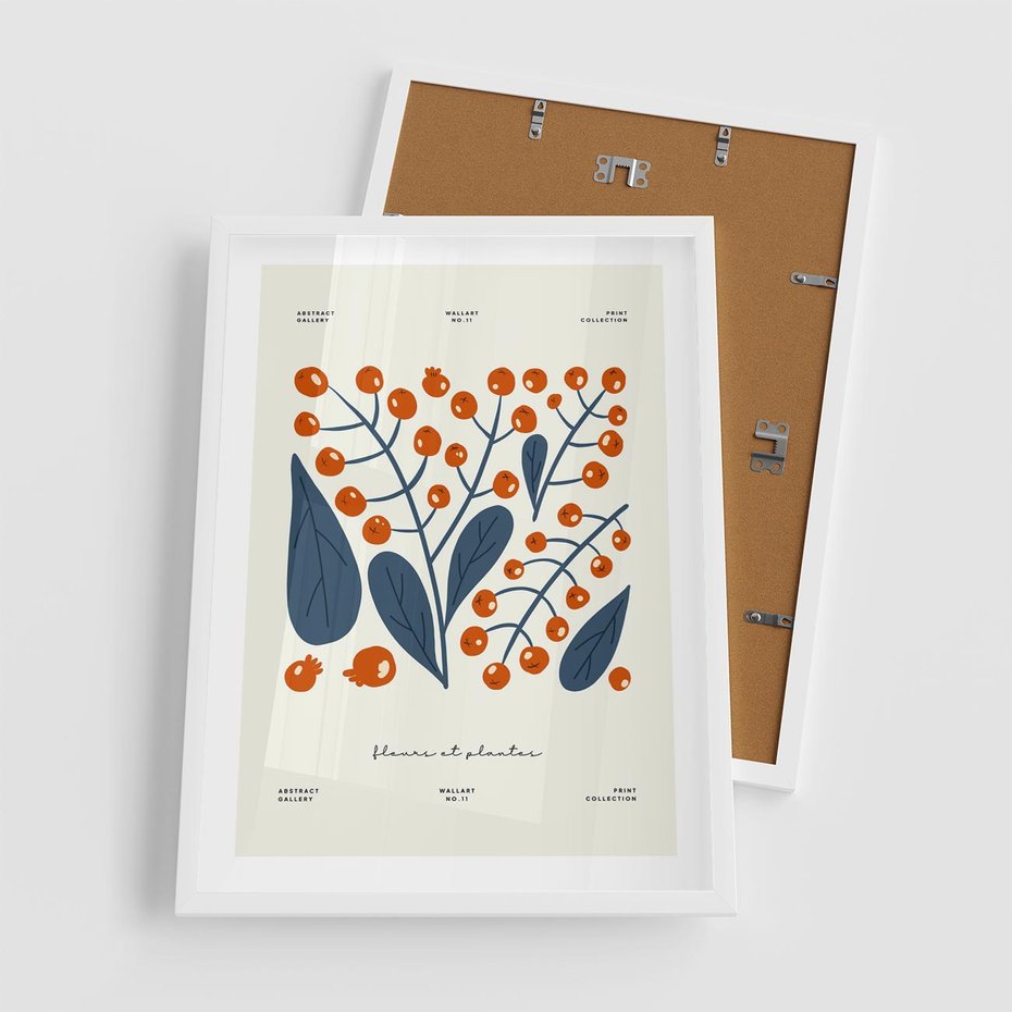 Plakat w ramie 50x70 - Minimalistyczna Uroda Jarzębin - jarzębiny, niebieskie liście - rama biała