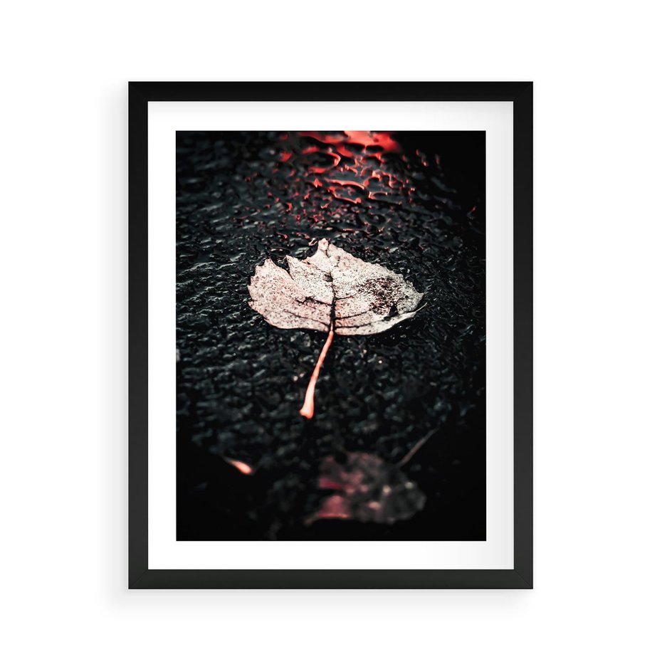 Plakat w ramie 40x50 - Jesień w Detalu: Liść na Mokrej Drodze - liść, jesień - rama czarna