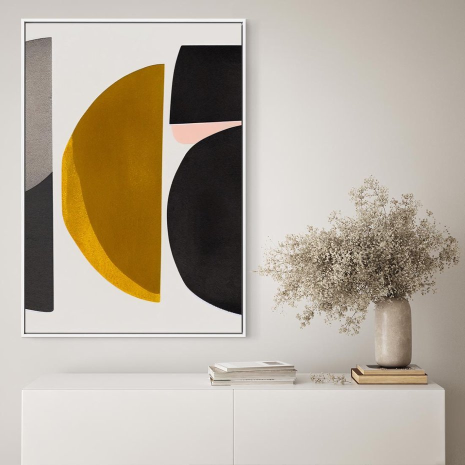 Obraz w ramie 70x100 - Tajemnice sztuki odkryte - geometryczne półkola, kształty - rama biała