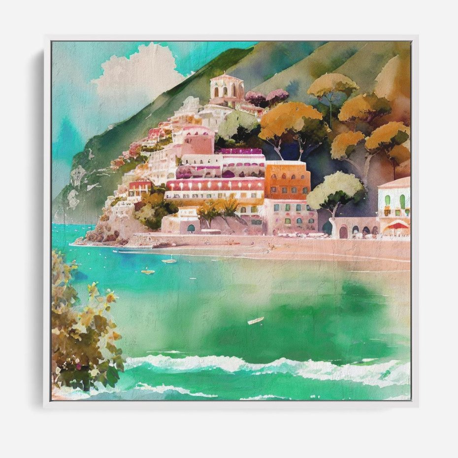 Obraz w ramie 80x80 - Na Zboczu - akwarela, nadmorski pejzaż - rama biała